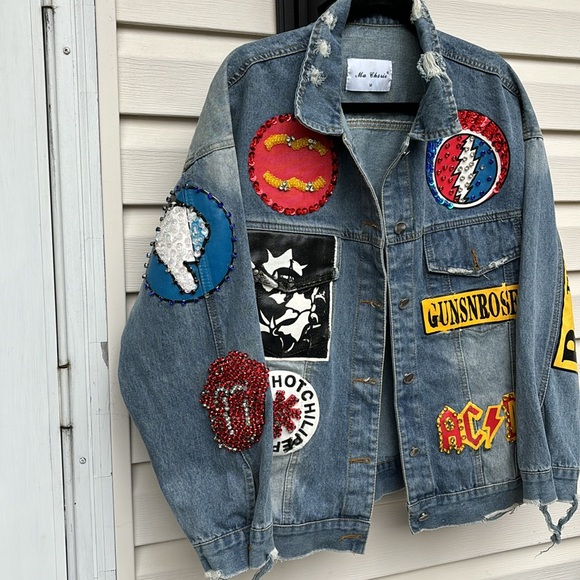 MA CHERIE MEN’S/LADIES DENIM JACKET GRATEFUL DEAD-AC/DC-RHCP-ROLLING STONES-M - Picture 2 of 10